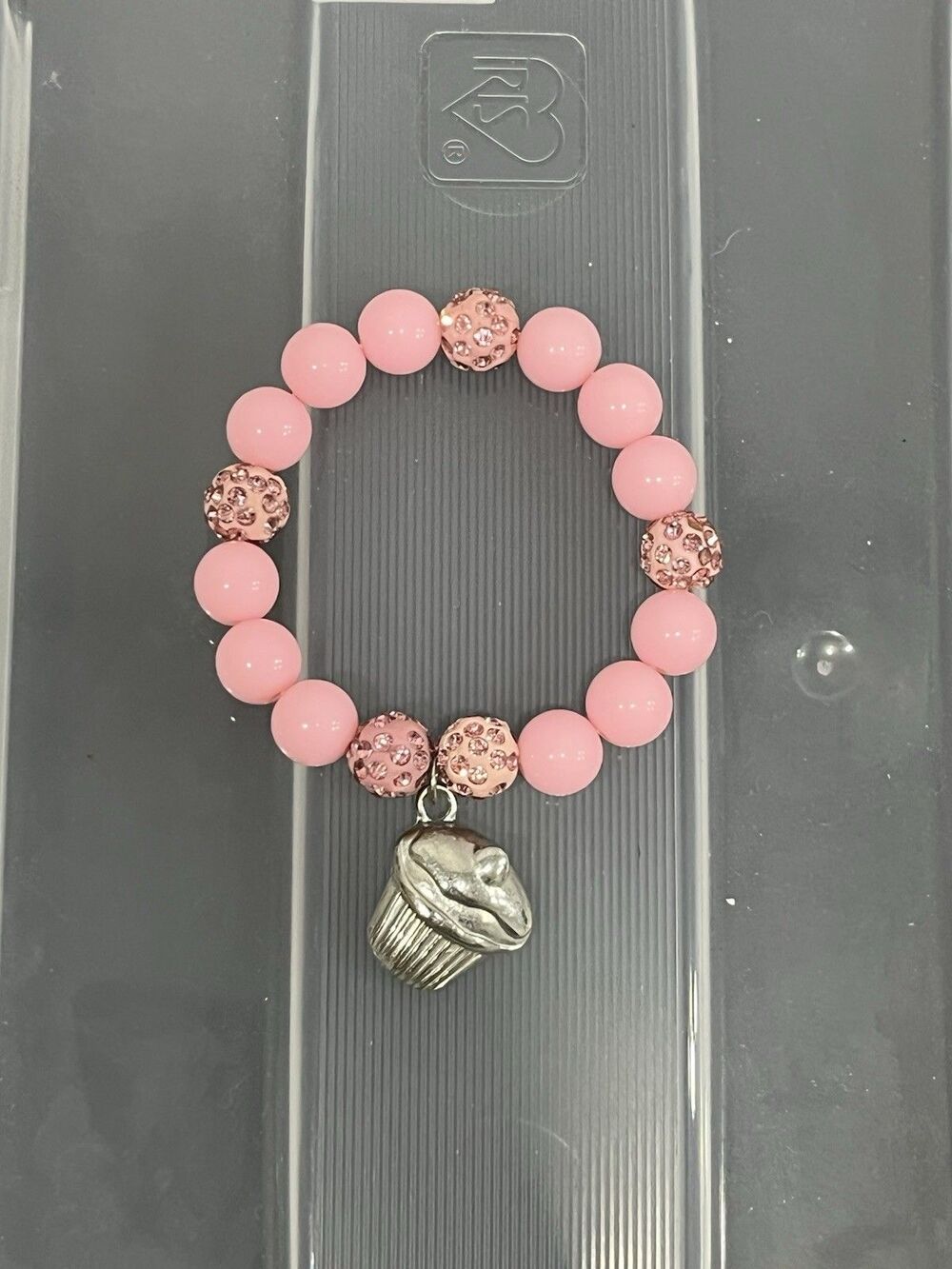 Beaded Stretch Charm Bracelet Silver Cupcake Pink Round Glitter Baker Chef
